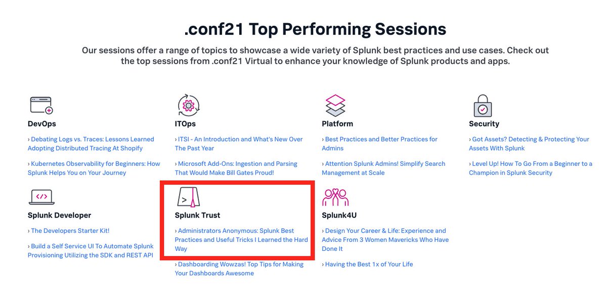 It's awesome to see my #splunkconf21 session in the #SplunkTrust track featured on conf.splunk.com as a top performing session at the conference.  

Watch it here! conf.splunk.com/watch/conf-onl…