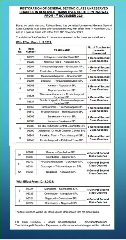 Restoration of General Second Class Unreserved Coaches in Reserved trains over Southern Railway w.e.f 1st November 2021
#srupdates #SouthernRailway