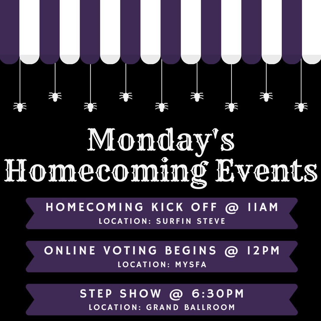 SFA_SAAC's tweet photo. Happy Homecoming Week🎃🪓😈
Support & help our representatives @JustinIGarcia & @CourtBanfield , @gngarcia34 & @shaylongovan , @Itz_nissi earn competition points by attending today's events!
#SFAHoco21 #SFASAAC #KingJustinQueenCourtney
#GabyNShay #NissiK
#AxeEm #RaiseTheAxe https://t.co/UZZwMv4kGz