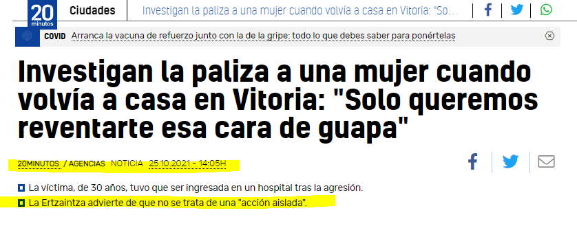 "Investigan la paliza a una mujer cuando volvía a casa en Vitoria" | 🔴PAÍS VASCO Total Detenciones del año 2016 al 2020

👉ADULTOS
Españoles->10.919 (45%)
Extranjeros->13.251 (55%)

👉MENORES
Españoles->471 (48%)
Extranjeros->515 (52%)

👉Datos Portal Estadístico de Criminalidad
