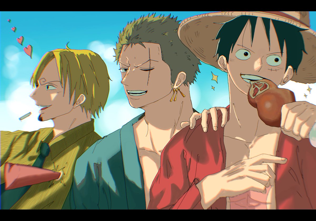 monkey d. luffy ,roronoa zoro ,sanji (one piece) 3boys male focus multiple boys blonde hair green hair scar food  illustration images