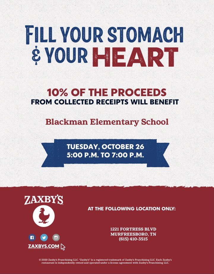 Go by Zaxby’s on Fortress Blvd tomorrow from 5PM to 7PM and DON’T FORGET to show flyer (digital image is ok)!