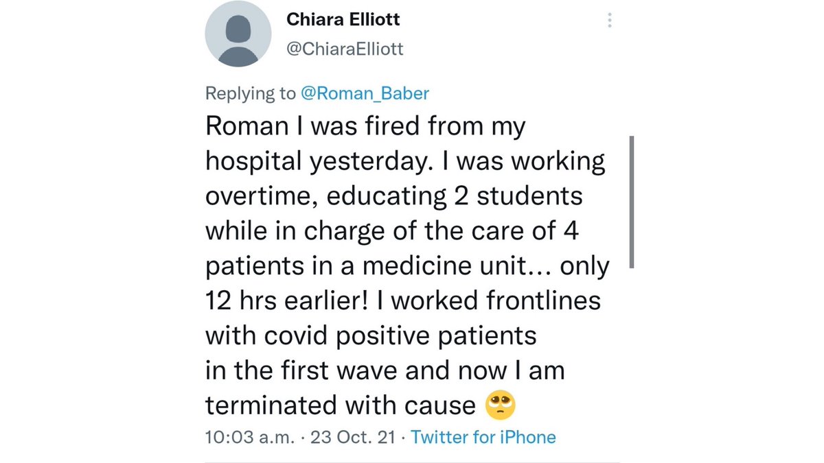Roman_Baber's tweet photo. (2/2) Despite testing negative 3 times a week and offering the hospital a test showing high antibody count, LHSC fired @ChiaraElliott for not vaccinating.

She is a single mom and not eligible for EI. We must never forgive @fordnation &amp; @MonteMcNaughton for this cruelty. #onpoli https://t.co/p9TWYdCCYE