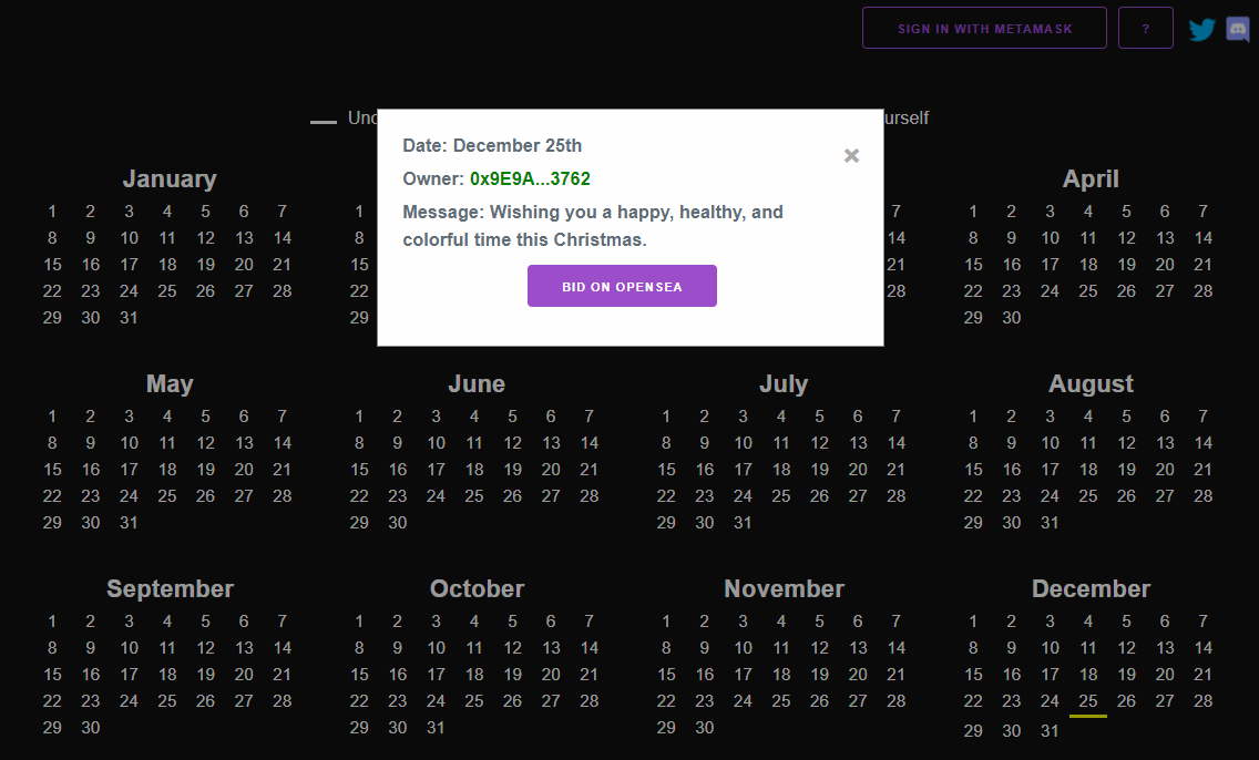 thedatesnft's tweet photo. 4. How to bid NFT on Opensea?

If you want to own a claimed date, you can click on that date. It will open a popup, click on "Bid on Opensea" button to go to the marketplace. https://t.co/BEQheuvKeK