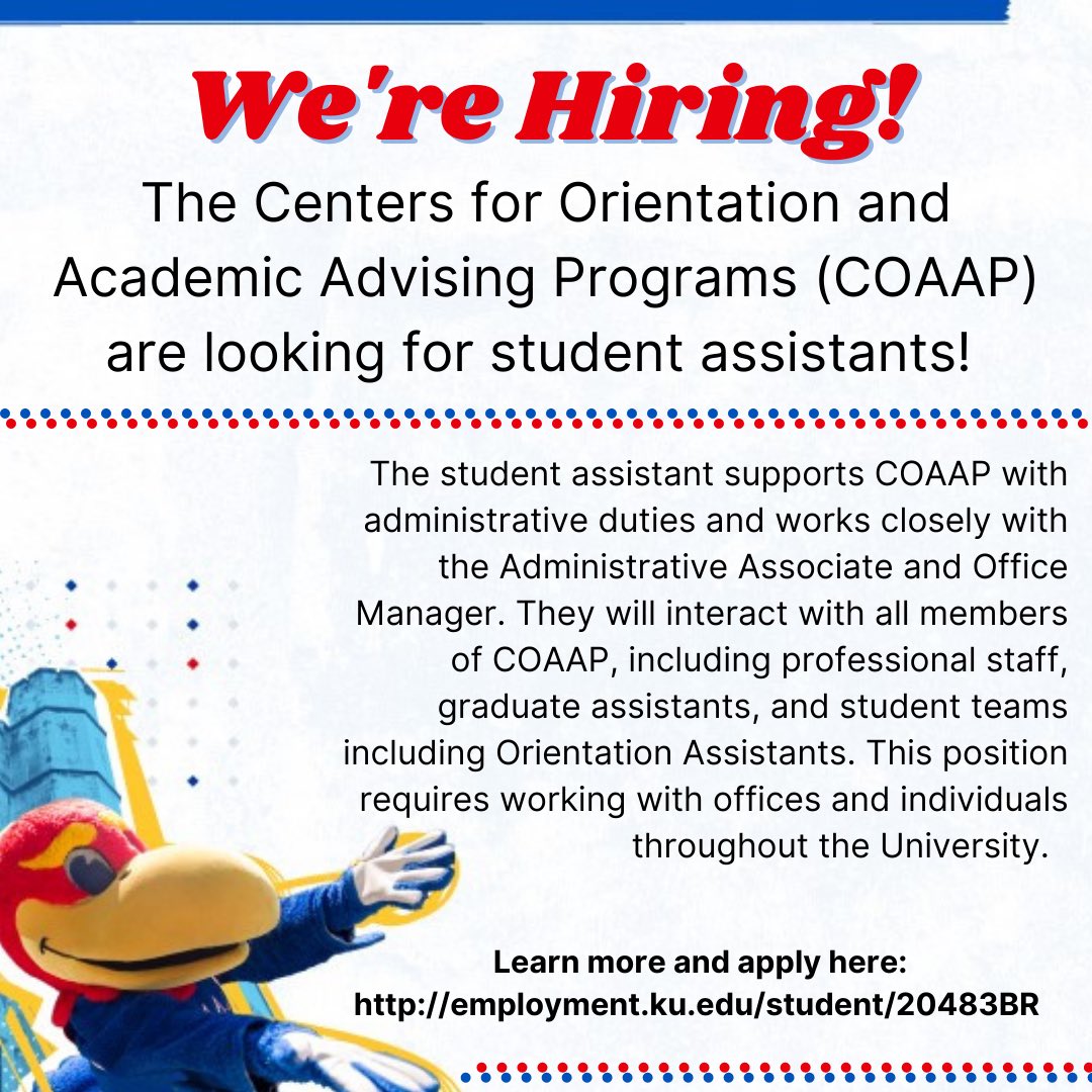 We’re hiring!! Apply to be a Student Assistant for COAAP! Click here to learn more and apply: employment.ku.edu/student/20483BR

❤️💙🌻🏫