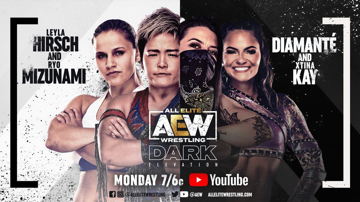 AEW's tweet photo. Watch #AEWDarkElevation TONIGHT at 7/6c - https://t.co/lBSV4rTE11:
-@PaulWight v @holy2cow/@realcolekarter/@carliebravo
-@LegitLeyla/@mizunami0324 v @DiamanteLAX/#XTinaKay
-@LionHeartUce/@upgrademikereed v #FTR (@CashWheelerFTR/@DaxFTR)
-@EmiSakura_gtmv v @Reka_Tehaka https://t.co/oolAo9IPhr