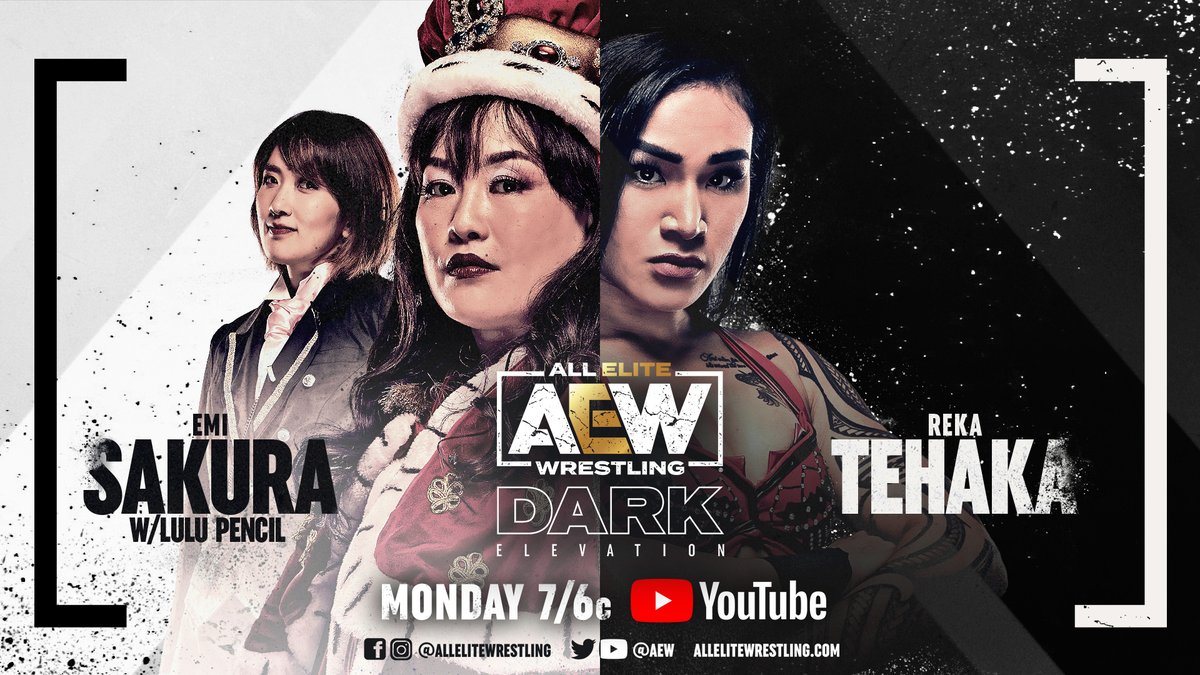AEW's tweet photo. Watch #AEWDarkElevation TONIGHT at 7/6c - https://t.co/lBSV4rTE11:
-@PaulWight v @holy2cow/@realcolekarter/@carliebravo
-@LegitLeyla/@mizunami0324 v @DiamanteLAX/#XTinaKay
-@LionHeartUce/@upgrademikereed v #FTR (@CashWheelerFTR/@DaxFTR)
-@EmiSakura_gtmv v @Reka_Tehaka https://t.co/oolAo9IPhr