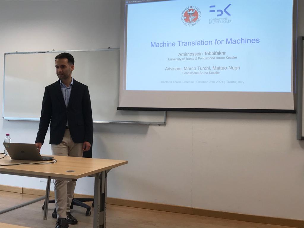 fbk_mt's tweet photo. Our student @at_amir ready to discuss his PhD research on machine translation for machines. Good luck for your viva! #nlproc #machinetranslation #phdviva @Turchi_Marco @negri_teo https://t.co/JKVdj1jbg2