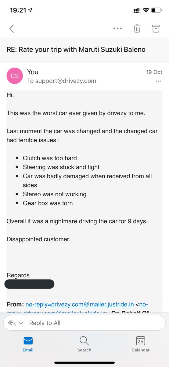 Sambhav050's tweet photo. @DrivezyIN @Drivezy_CEO lately the worse self drive car rental i came across. Have a look at the car we got from them. Upon complaining, NO RESPONSE!! It was a nightmare to drive this car for 8 days.Almost met with an accident due to the poor condition of the car! #boycott #shame https://t.co/QSCEyD8y37
