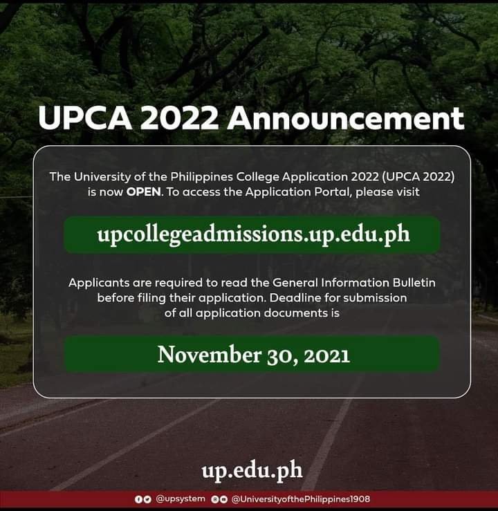 EnggsocHeadsUP's tweet photo. [FROM UPCAT - UP System Page]

The University of the Philippines College Application 2022 (UPCA2022) is now OPEN.

Please visit https://t.co/hVp4f443K3 to access the Application Portal. 

Source: https://t.co/C4gRRgTaXr

#UPCA2022 https://t.co/hRpG4PUkle