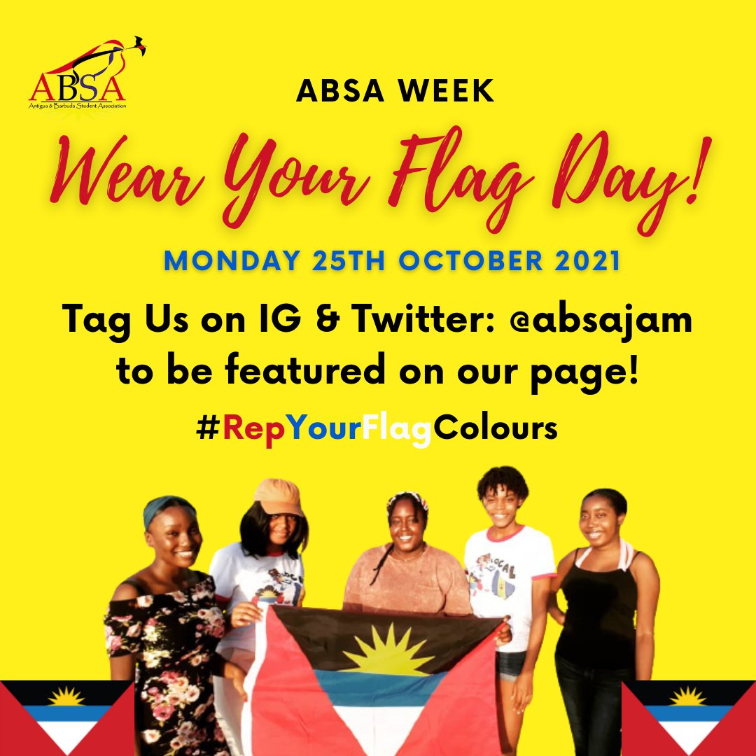 absajam's tweet photo. A.B.S.A Week is on a roll!
We want to see how you rep your flag!
It's 'Wear Your Flag Day!' 🇦🇬🇦🇬🇦🇬

Post your photo/video on IG or Twitter and Tag Us @absajam 

#RepYourFlag🇦🇬
#ABSAWEEK 
#ABSAJAM🇦🇬🇯🇲 https://t.co/hZaSHLkbCL