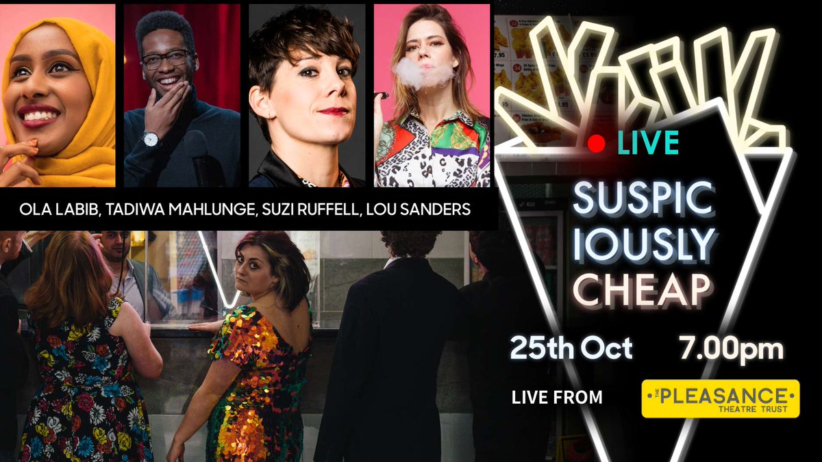 nextupcomedy's tweet photo. CONS: it's Monday

PROS: @suspiciouslycc TONIGHT, live from @ThePleasance 

Lineup: 
OLA LABIB
TADIWA MAHLUNGE
SUZI RUFFELL
LOU SANDERS
TAROT
KIRI PRITCHARD-MCLEAN

In-person tickets: https://t.co/6oWrCcHTgK
streaming tickets: https://t.co/YMdYPZySUR https://t.co/G0M23Q1CWf