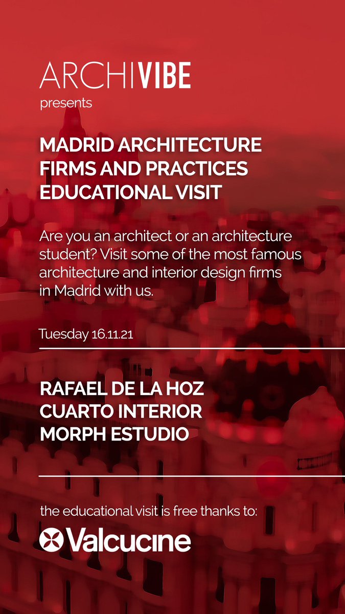 archivibe's tweet photo. Architecture firms in Madrid educational tour. Free for architects and architecture students. Discover more and subscribe from https://t.co/RwNyuB2hcg #architecture #arquitectura #arquitectos #interiorismo #interiordesign #madrid https://t.co/wPCyu9Glt2