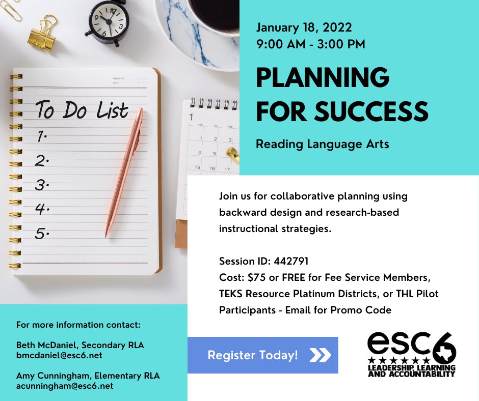 ESC6_LLA's tweet photo. RLA teachers, come plan with us on Jan. 18! Participants will have the time and support needed to develop lesson plans which utilize high-yield instructional strategies and the backward design model. Click the link to register - https://t.co/35ve5Wtrg5 #esc6learn https://t.co/eMUFR2Ds8e