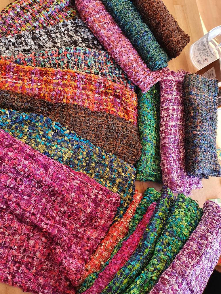 It is always like Christmas opening up these #fairtrade woven scarves from Nepal. Stunning colour mixes. #ExeterQuay