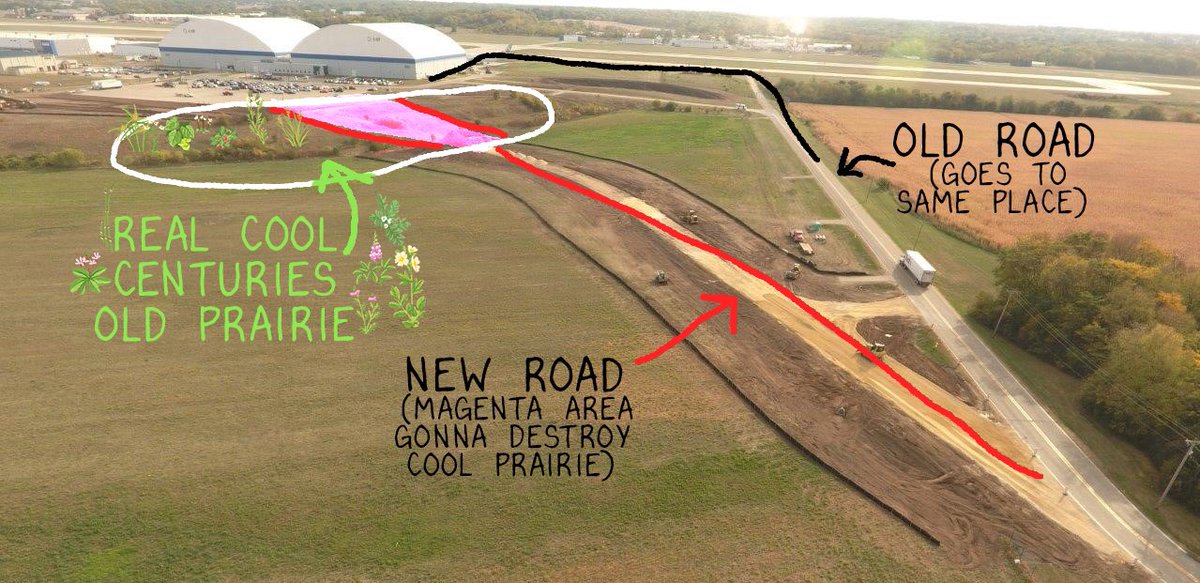 Is this road really necessary, @FlyRFD?! To destroy a remnant prairie with endangered species and a habitat type we cannot get back in our lifetimes?!? COME ON! Please find another solution and #SaveBellBowlPrairie! (Annotations by <a href="/chase_prairie/">dr. chase prairie @chaseprairie.bsky.social</a> telling it like it is).