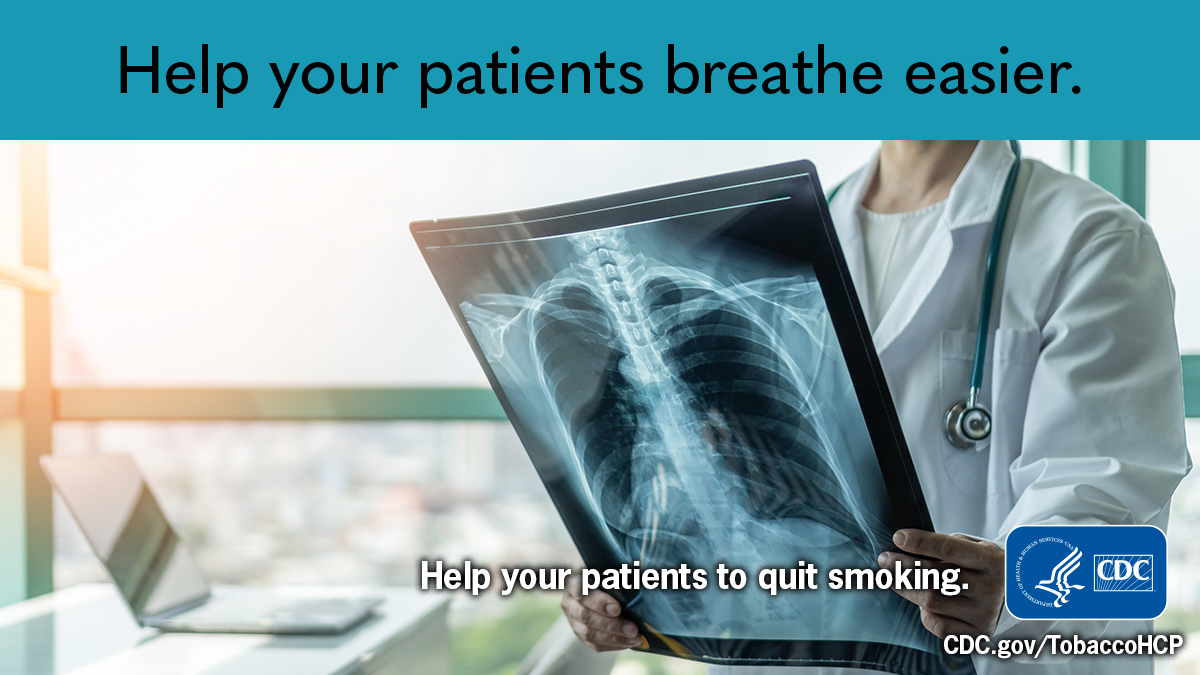 CDCTobaccoFree's tweet photo. Quitting smoking can improve respiratory health. Healthcare professionals, particularly those in pulmonary care, should treat patients’ tobacco use and dependence. This #RespiratoryHealthWeek, talk to your patients about going smokefree.  Learn how at https://t.co/s4pYe8XNTF. https://t.co/ZXuYTAvnLy