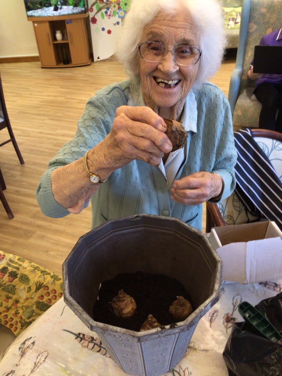 thermbi's tweet photo. John Lendon, a resident at Cadogan Court in #Exeter, arranged for the donation of a few daffodil bulbs from the Isles of Scilly “for everyone to enjoy" at the Home. 
Here is the result: a bit of autumnal fun! 💐 https://t.co/VOq3RmJVRS