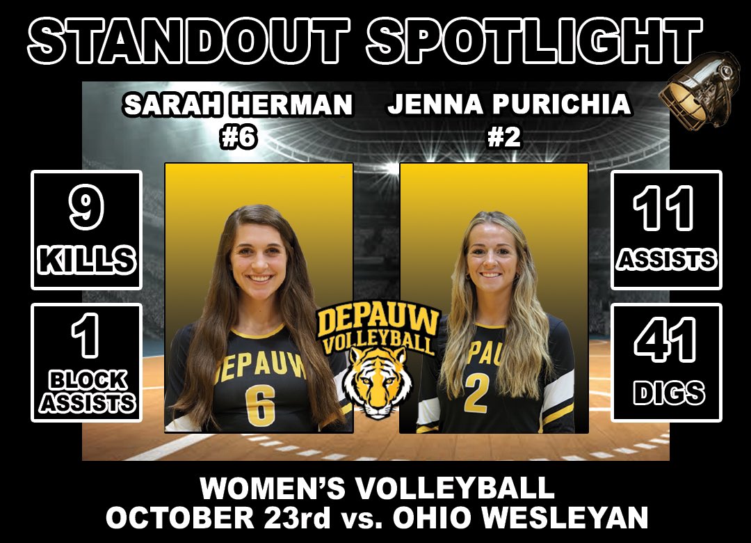 Here are your standout performers from last weekend’s wins at home! 
🏐⚽️ 

Sarah Herman and Jenna Purichia showed out in their final game at Neal Fieldhouse for the <a href="/DePauw_VB/">DePauw Volleyball</a> team on Saturday, leading the #Tigers to a five set victory over Ohio Wesleyan!