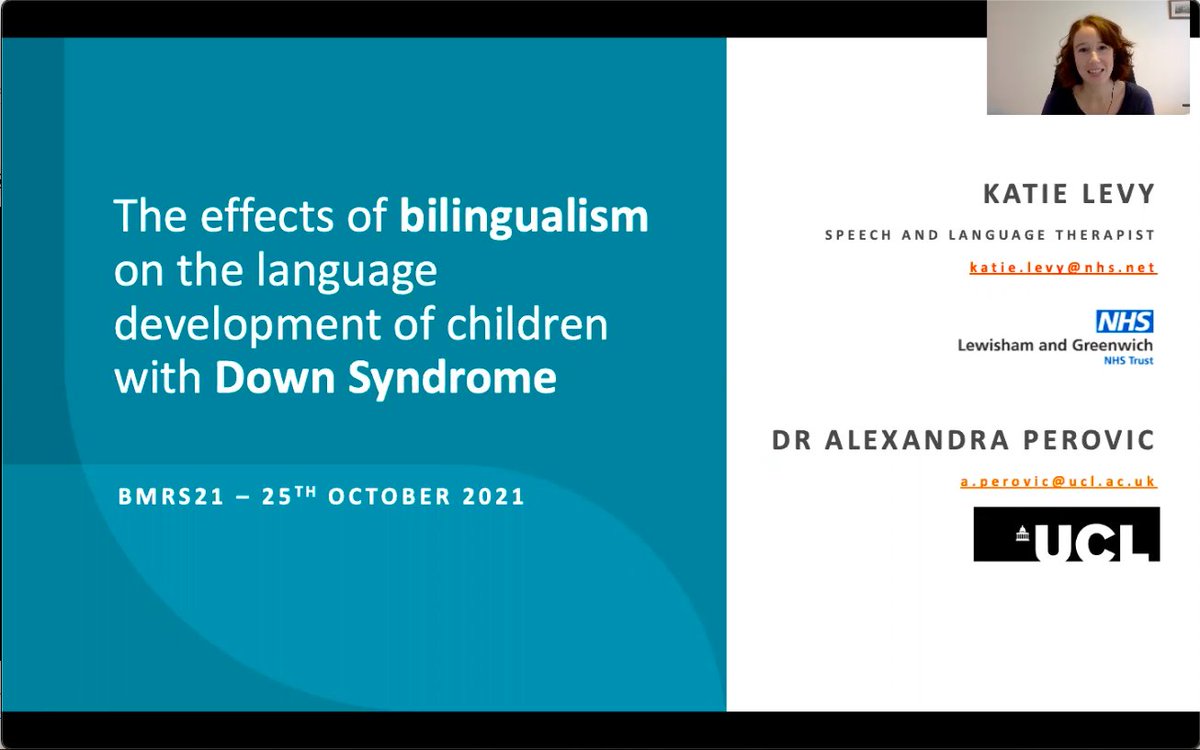 Time for #BMRS2021 Session 4: Language Impairments in Bilingual Speakers, which means it's nearly time for me to present my <a href="/UCL_MScSLS/">UCL speech & language therapy</a> project on the effects of #bilingualism on the language development of children with #DownSyndrome - this will be a first for me😃 #mySLTday