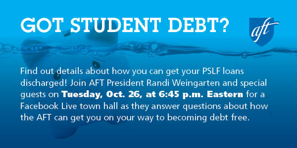 AFT (@aftunion) on Twitter photo Don't forget: Tomorrow, Tuesday, Oct. 26 at 6:45 p.m., <a href="/rweingarten/">Randi Weingarten πΊπΈβππͺπΏπ©βππ£πΊπ¦</a> and special guests are holding a student debt Facebook Live event to discuss changes to #PSLF, and how AFT can help you handle your student debt.
πΊ facebook.com/AFTUnion Don't forget: Tomorrow, Tuesday, Oct. 26 at 6:45 p.m., <a href="/rweingarten/">Randi Weingarten πΊπΈβππͺπΏπ©βππ£πΊπ¦</a> and special guests are holding a student debt Facebook Live event to discuss changes to #PSLF, and how AFT can help you handle your student debt.
πΊ facebook.com/AFTUnion