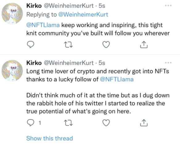 LlamasSuccess's tweet photo. Thank you @weinheimerKurt for the kind words❤️

From beginners to experts, we're here to inspire our community members to be successful in the NFT space! https://t.co/4gmHrAQY8s