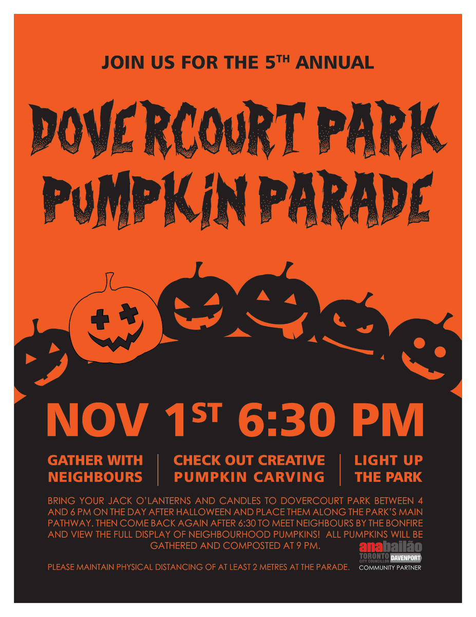 Next Monday (November 1st), join with your neighbours to enjoy our community's creativity at local Pumpkin Parades across Davenport! These Parades will begin at 6:00pm at Earlscourt, MacGregor, Carlton, and Dovercourt parks. 🎃🎃🎃