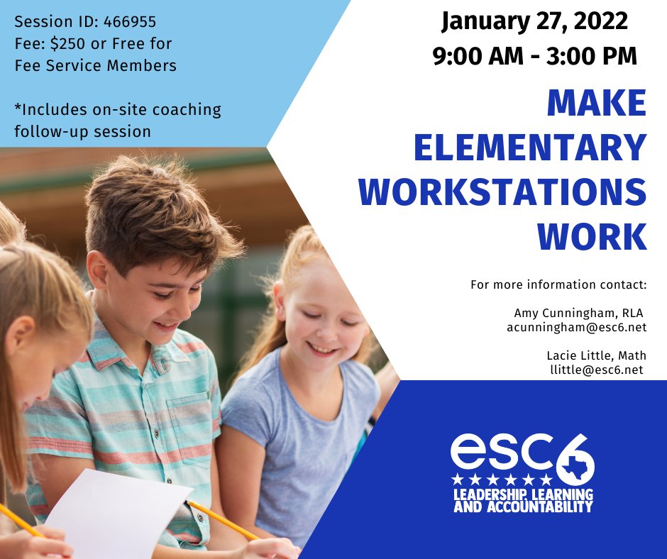 ESC6_LLA's tweet photo. Elementary teachers, please join us on Jan. 27 to plan engaging workstations for your literacy and math blocks! Click the link to register - https://t.co/GS73U6XN3V #esc6learn https://t.co/r86eRWoHJn