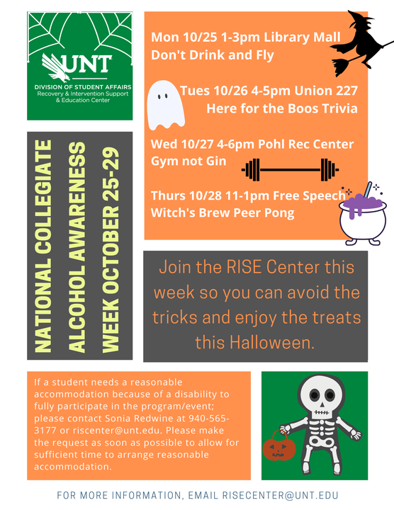 This week we are celebrating #NationalCollegiateAlcoholAwarenessWeek. We've got activities planned throughout the week for you to come have fun and get into the Halloween spirit. #alcoholawareness #partysmarty #soberride #NCAAW #UNT