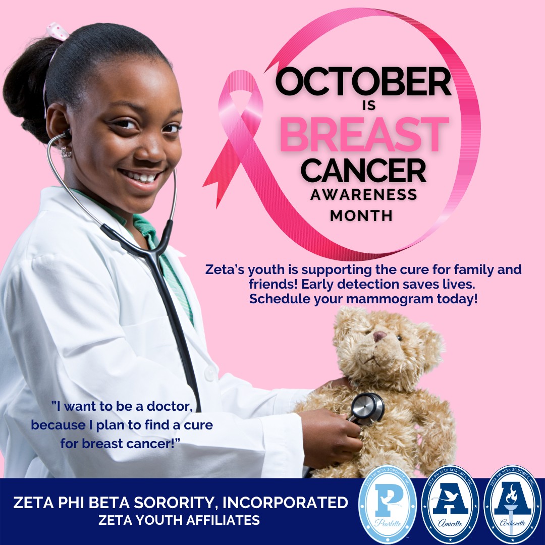 "October is Breast Cancer Awareness Month. Zeta youth are supporting the fight to find a cure as they walk and fundraise for this cause that has touched so many lives. Early detection saves lives!!!! Schedule your mammograms.
#ZetaYouthStandfortheCure #OneZetaYouth