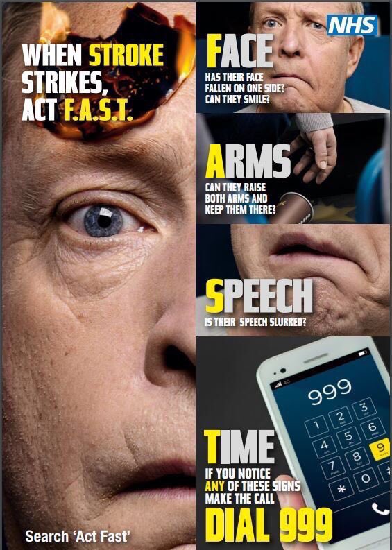 Do you know how to spot a #Stroke ? Learn the signs and symptoms, if you experience any of these symptoms call 999 Stroke is a medical emergency Please share widely and help raise awareness of stroke 😊 #WorldStrokeDay #StrokeAwareness #FAST #ActFAST #WorldStrokeDay