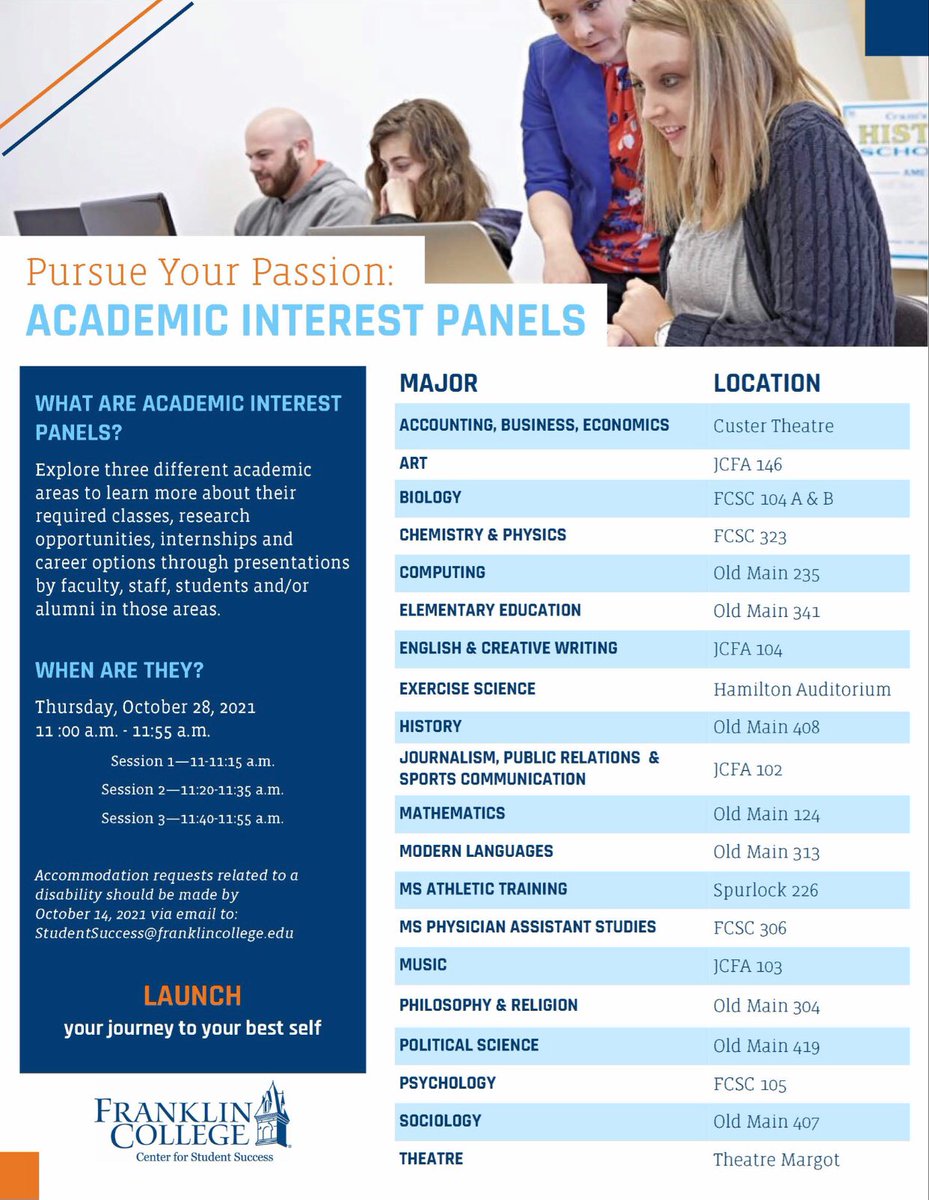LaunchFranklin's tweet photo. Welcome Back from Fall Break, Grizzlies! This Thursday, during your Launch Lab time, get ready for Academic Interest Panels.
This is your chance to learn about three different academic areas offered at Franklin College to prepare for declaring your major. https://t.co/OAjblIMRTM