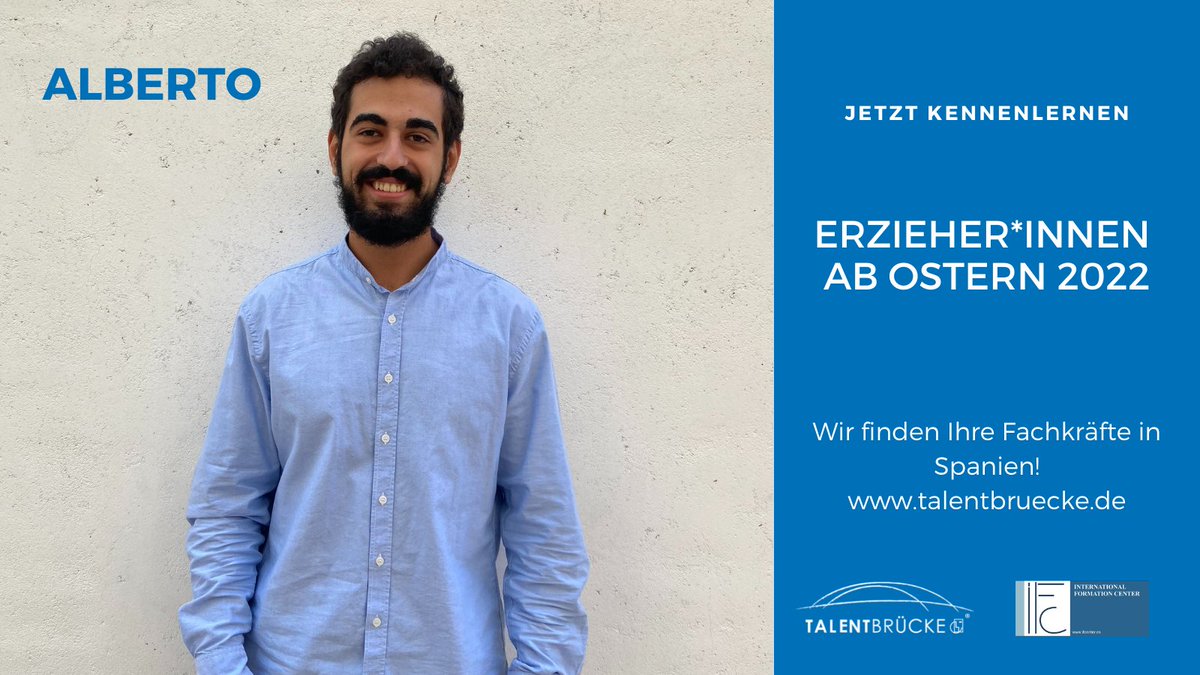 Verstärkung für Ihre Kita ab Ostern 2022! 
Alberto – jetzt kennen lernen
talentbruecke.de

<a href="/IFCenter/">IF Center</a> #Fachkräfte #Erzieher #Erzieherin #Kita #Kindergarten
#Mitarbeiter #Jobs #Unternehmen #Business #Spanien #Deutschland #Recruiting #Ausland
#moveyeu