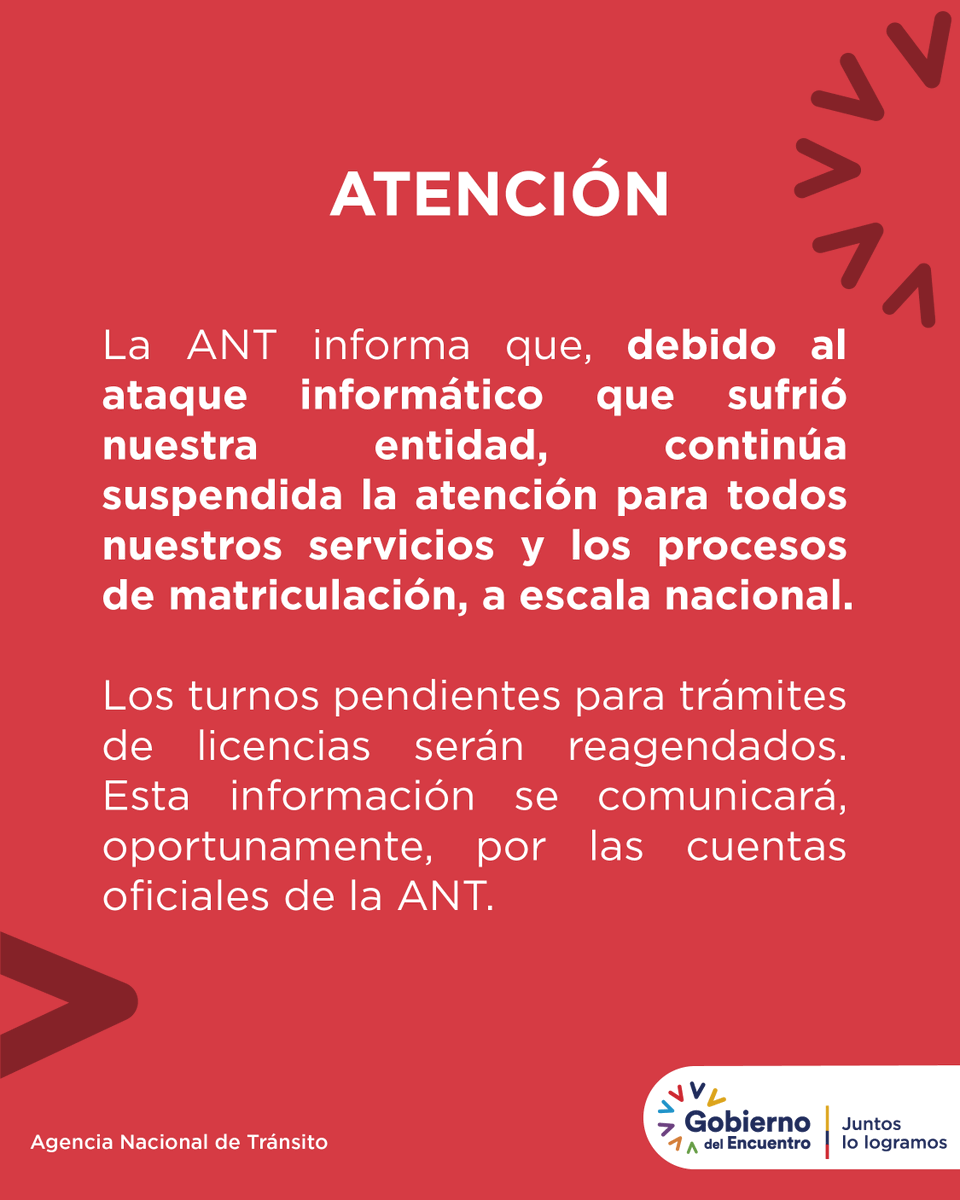 ⚠️INFORMACIÓN⚠️
Debido al ataque informático al sistema de nuestra entidad, la atención continuará suspendida hasta nuevo aviso.
El reagendamiento de turnos pendientes de licencias se publicará, oportunamente, por nuestros canales informativos oficiales.
#ServiciosANT