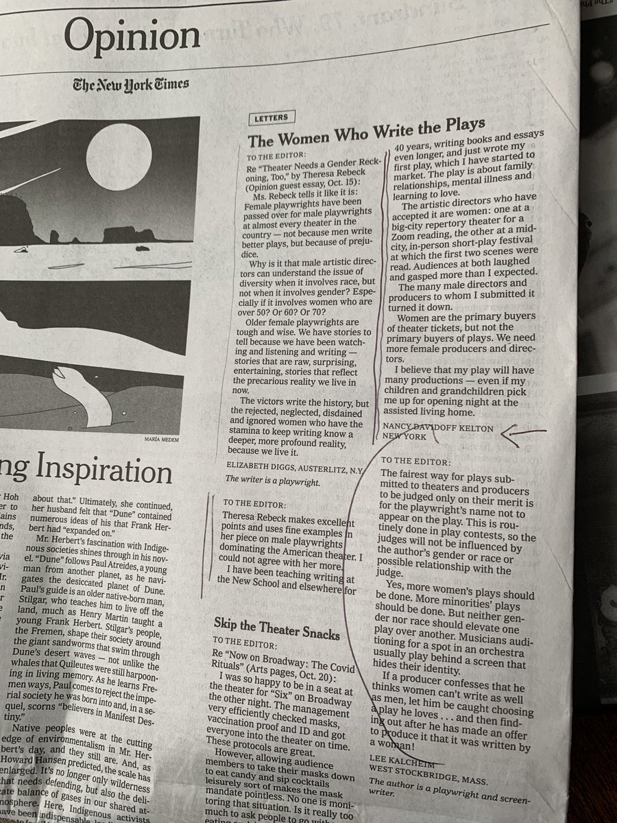 carol_weston's tweet photo. Ten days ago ⁦@TheresaRebeck⁩ wrote “Theater Needs a Gender Reckoning, Too.” It was bold and spot-on. Today three NYT letter writers agree. Women make up half the population and are the primary buyers of theater tickets.  #theater ⁦@nytopinion⁩ https://t.co/YISjHqN6TR