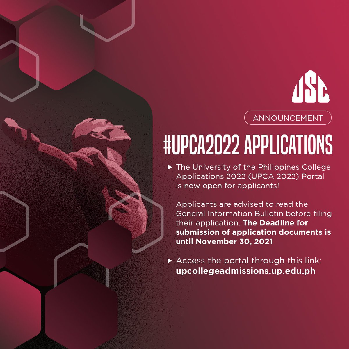 USCUPDiliman's tweet photo. #UPCA2022 | The University of the Philippines College Applications 2022 (UPCA 2022) Portal is now OPEN for applicants!

The deadline for submission of application documents is until November 30, 2021

Access the portal through this link: 
https://t.co/SrIlff140l https://t.co/MMYJvr2ldD