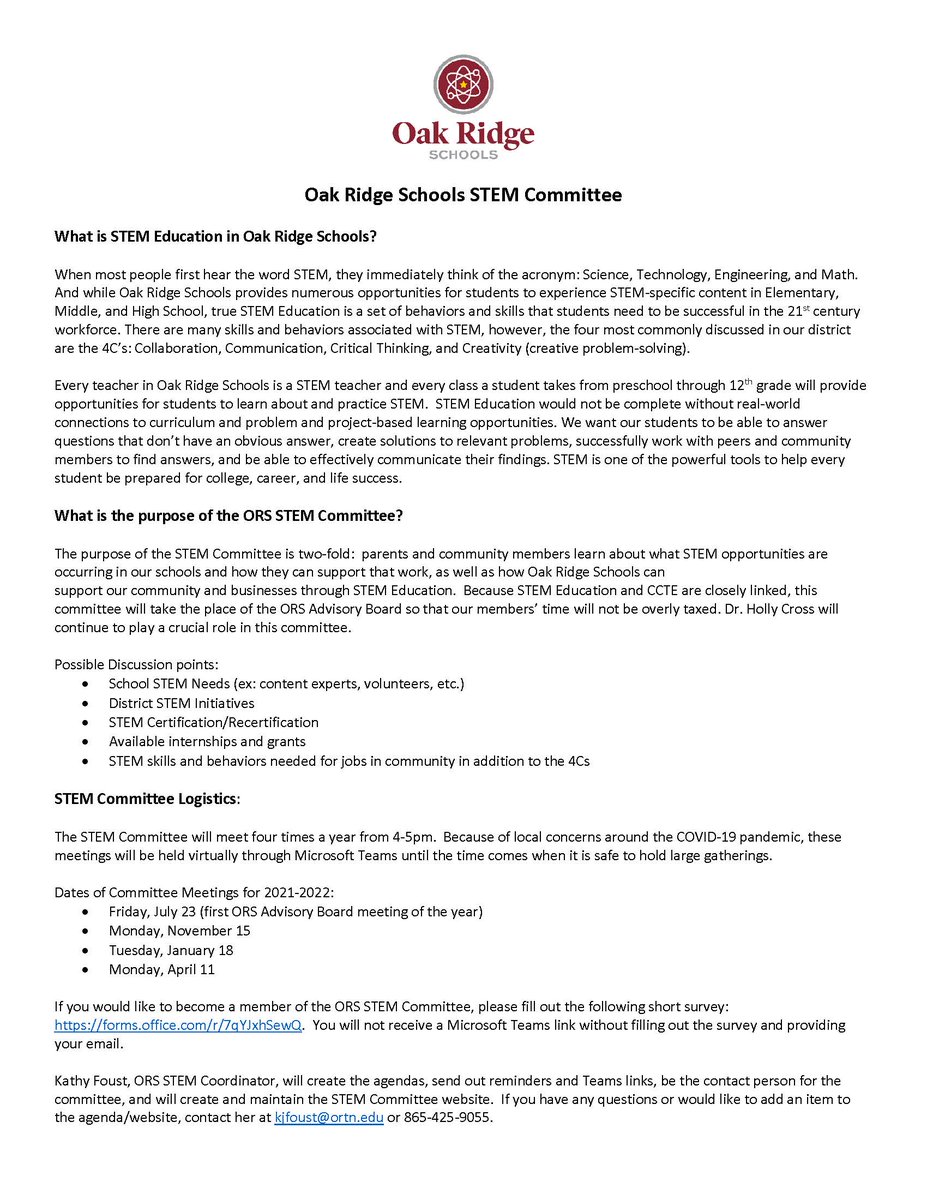 Are you an ORS staff member, parent, or work in the community? Do you want to play a role in shaping our district's STEM education? Please consider joining the ORS STEM Committee.  First meeting is virtual from 4-5pm on 11/15.  Check out flyer for more info. <a href="/ORSchools/">Oak Ridge Schools</a>