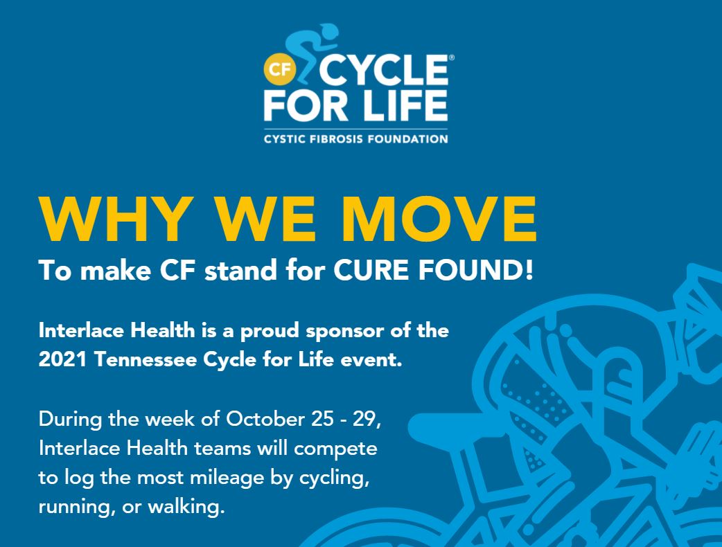 InterlaceHealth's tweet photo. The Interlace Health team is making big moves this week, as we are a proud sponsor of the @CF_Foundation 2021 Tennessee Cycle for Life Event! #ILHCyclesforLife
Learn more! https://t.co/rTVXwiOZX8
#CFFCycleForLife #tncycleforlife #cfawarenes #cysticfibrosis #cycleforlife https://t.co/K1DUjXFWyj