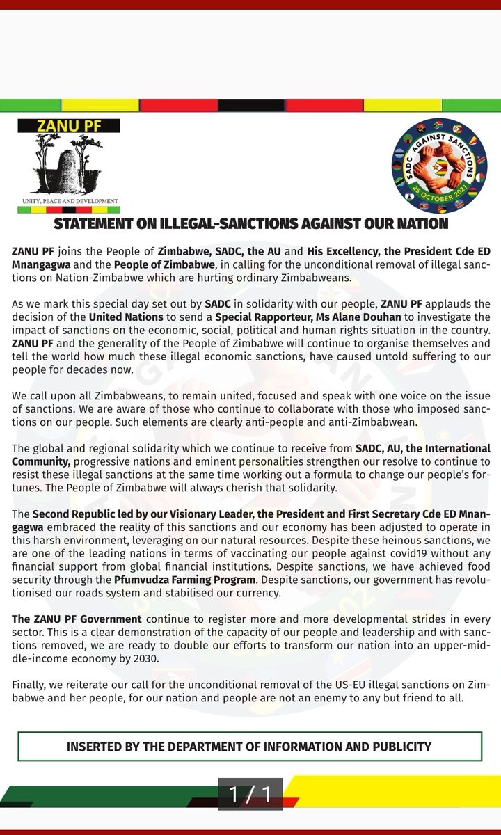 Removal of sanctions not an act of charity, but a noble and objective position to allow our Nation to transform itself free of the burden of sanctions.

Ngazviendee!!
Hatizvidii!!
@SADC_News @DispensationNew @DeptCommsZW @JulietMtombeni @ttgono 

#zimsanctionsmustgo