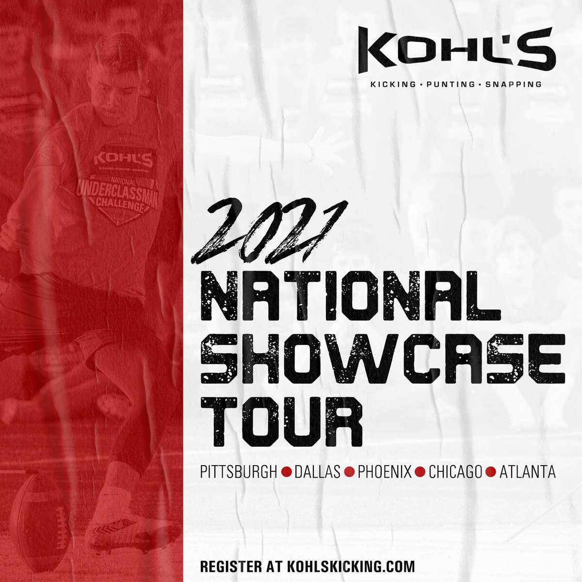 KohlsKicking's tweet photo. 5 cities. 5 opportunities.

See where you stand among the best kickers, punters and snappers in America as the National #KohlsShowcase Tour kicks off this December.

📍 PA - Dec 4
📍 TX - Dec 11
📍 AZ - Dec 12
📍 IL -  Dec 18
📍 GA - Dec 19

➡️ Learn More: https://t.co/VJ4Yn9RGyh https://t.co/3kHvC7mMXY