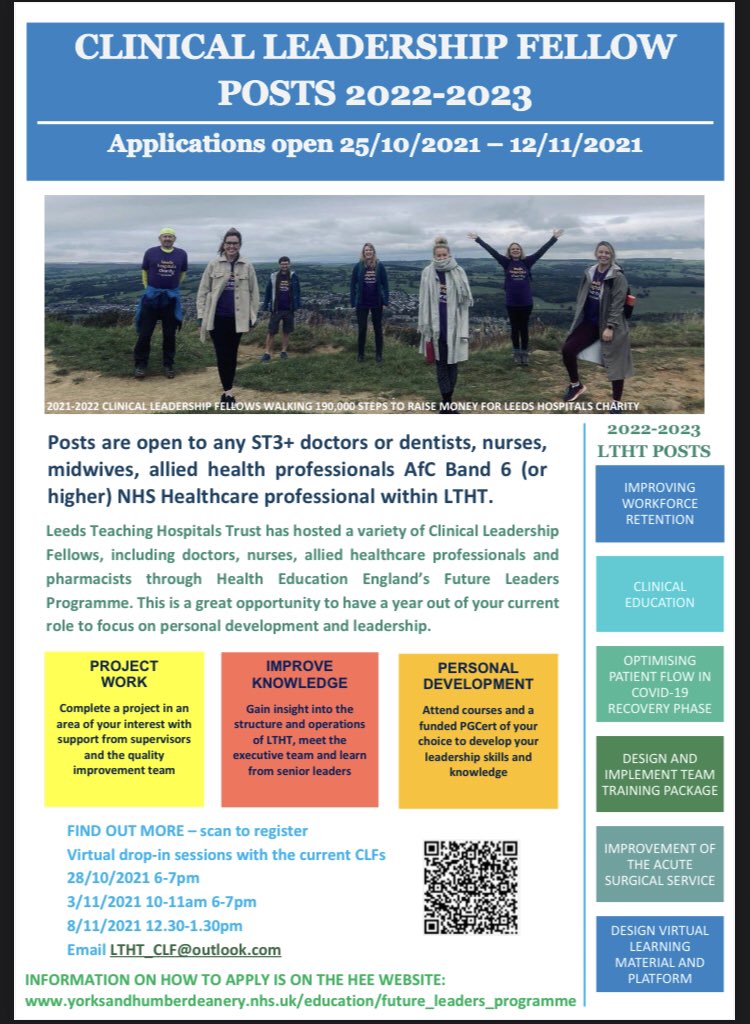 ClfsLtht's tweet photo. The applications for the Clinical Leadership Fellow Posts for 2022/2023 are now OPEN‼️See the attached poster for all post information and how to attend the Q&amp;A sessions with this years CLFs! @LeedsHospitals @LTHTCorpNurse @JDBLeeds https://t.co/N7KitHFqY6