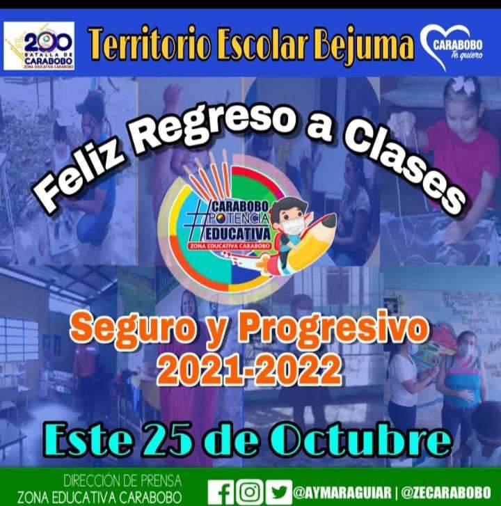 UeArturo's tweet photo. Territorio Escolar Bejuma
Circuito Escolar N°1
Con Alegría hoy lunes #25oct iniciamos nuestro Plan Victoria Bicentenaria "Inicio a Clases Seguro y Progresivo 2021-2022"
#digamospresente
#carabobopotenciaeducativa 
@aymaraguiar 
@_laavanzadora 
@marilynhurtadoquevedo 
@ze.carabobo https://t.co/JT9Zt7NQwP