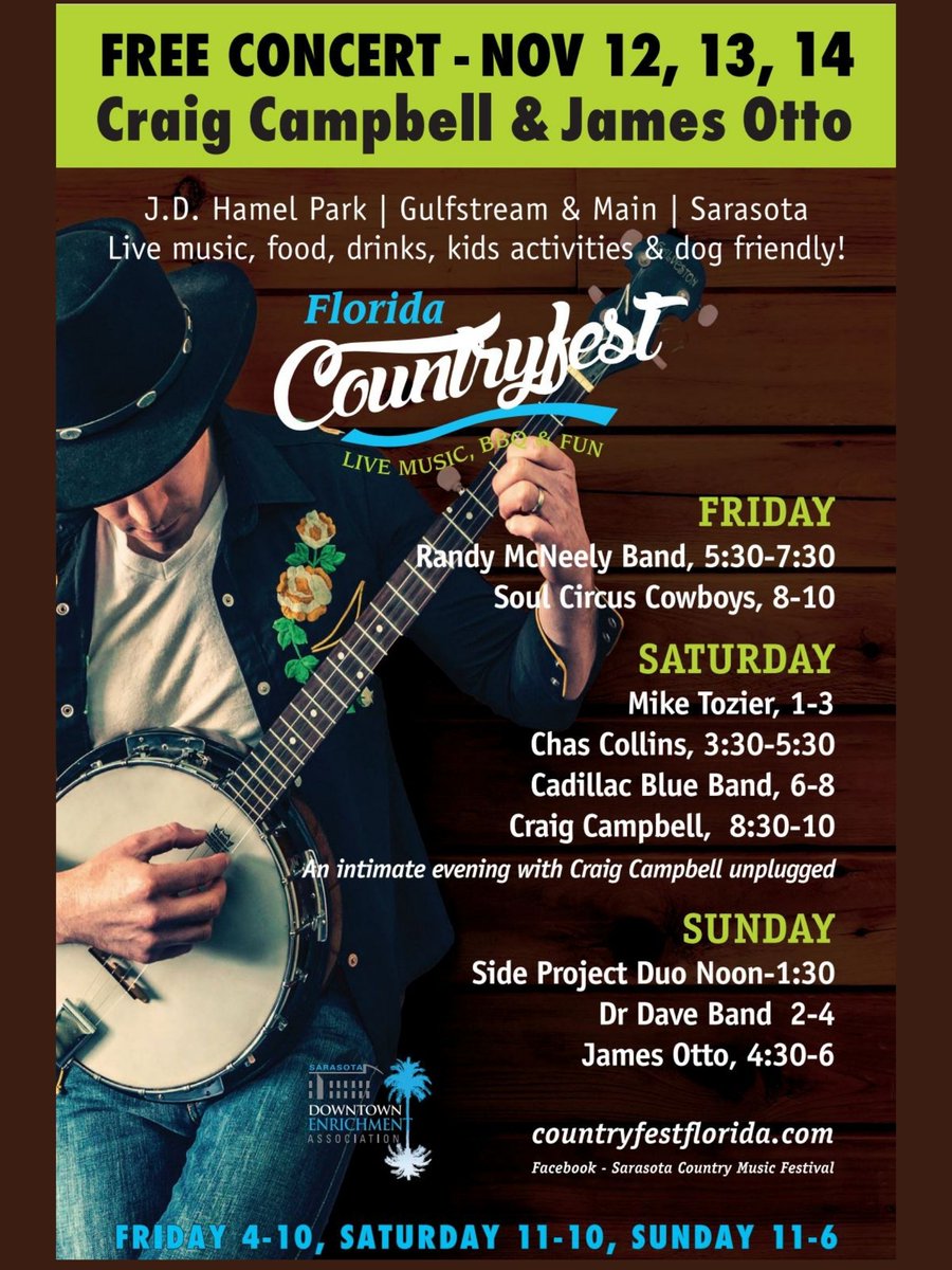 Florida Countryfest November 12-14, 2021 is the ultimate destination for the best outdoor country music! 🎼 Featuring live music, arts, crafts, rock wall, bounce house, &amp; lots of family fun in JD Hamel Park, downtown Sarasota!! Admission is FREE. Info ... CountryfestFlorida.com