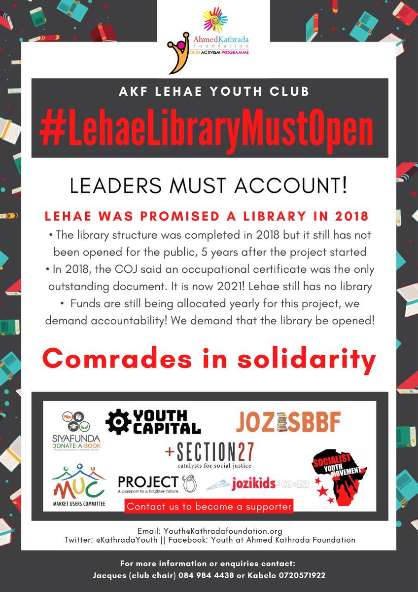 KathradaYouth's tweet photo. A big thank you to the organizations who have pledged their support for our #LehaeLibraryMustOpen campaign. If you want to add your logo in support, dm us!
We welcome the MMC’s commitment to open the library this week @ArnoldsMmc.
#Kathradayouth
#LehaeLibraryMustOpen https://t.co/RGy31BkyYE