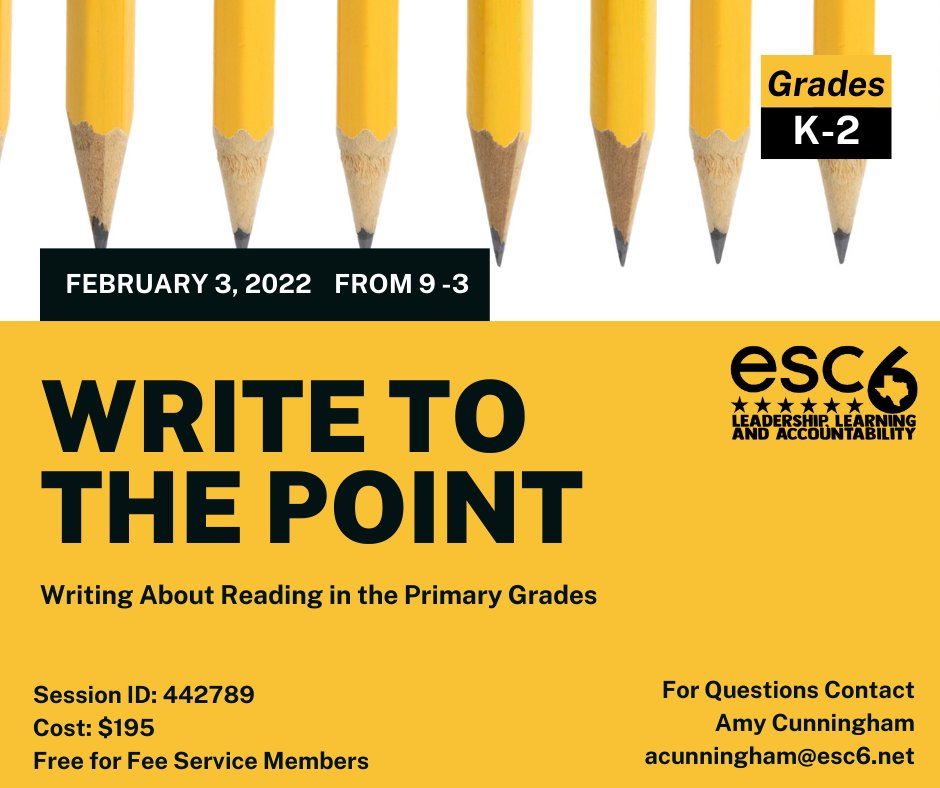 ESC6_LLA's tweet photo. Primary teachers, please join us on Feb. 3 for our regional writing swap. Bring your writing samples and your favorite flair pen! We will collaborate on our scoring and make instructional plans. Click the link to register - https://t.co/hQO0sEgn9v #esc6learn https://t.co/hv1oLNdPxd