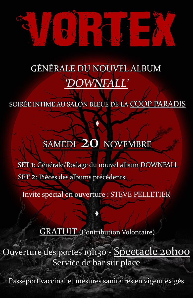 vortexband's tweet photo. 🔥ANNONCE DE SPECTACLE🔥

Nous serons de retour en spectacle pour notre show de rodage de notre nouvel album ☄️Downfall ☄️

En première parti, Steve Pelletier 

Quand : 20 Novembre 19h30
Lieu : Coopérative de solidarité Paradis
Prix : Contribution volontaire

 😈🤘🏻 https://t.co/szAf618nFe