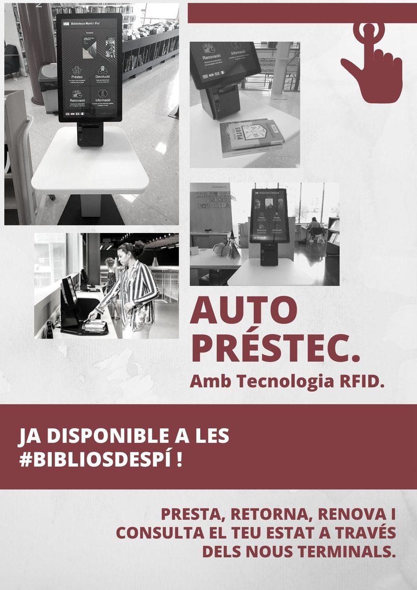 bibliosdespi's tweet image. A les #BibliosDespí hem implantat el servei d'#autopréstec amb tecnologia #RFID. A partir d'ara podreu prestar, retornar, renovar i consultar el vostre estat a través dels nous terminals! | @bibliotequesXBM #SantJoanDespí