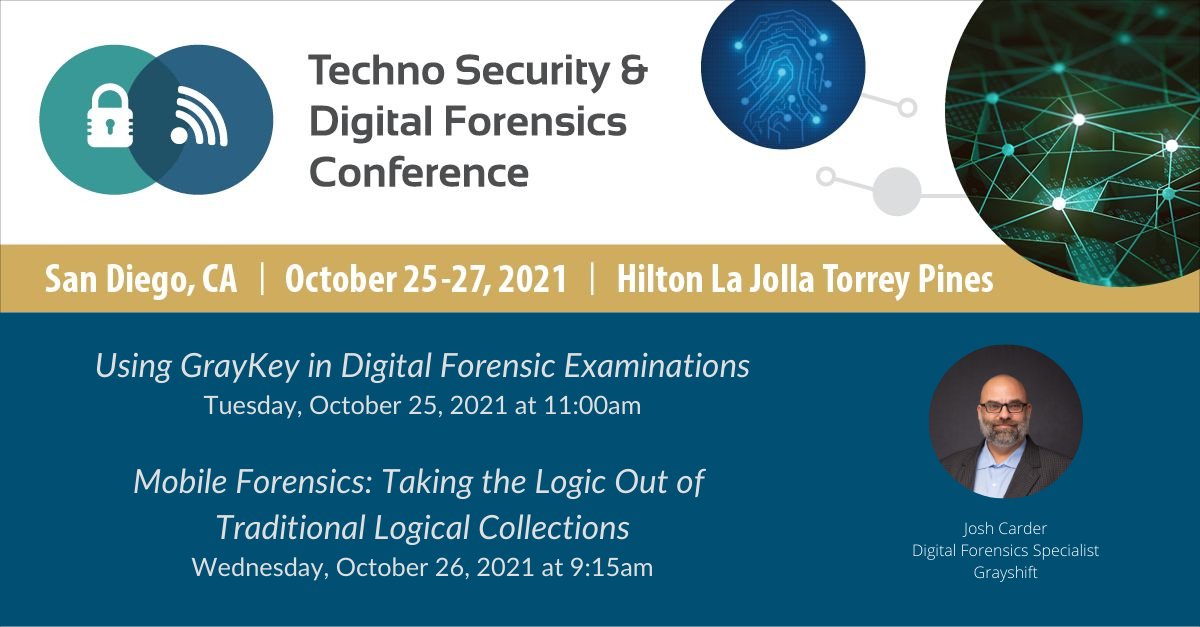 GrayshiftLLC's tweet photo. Join Josh Carder, Grayshift #DigitalForensics Specialist at his sessions at #TechnoSecurityCA. 
Find full session details here: https://t.co/8aWpUp5wHo 
@technosecurity #dfir #lawenforcement #mobileforensics #graykey https://t.co/ICr1R2LFQj