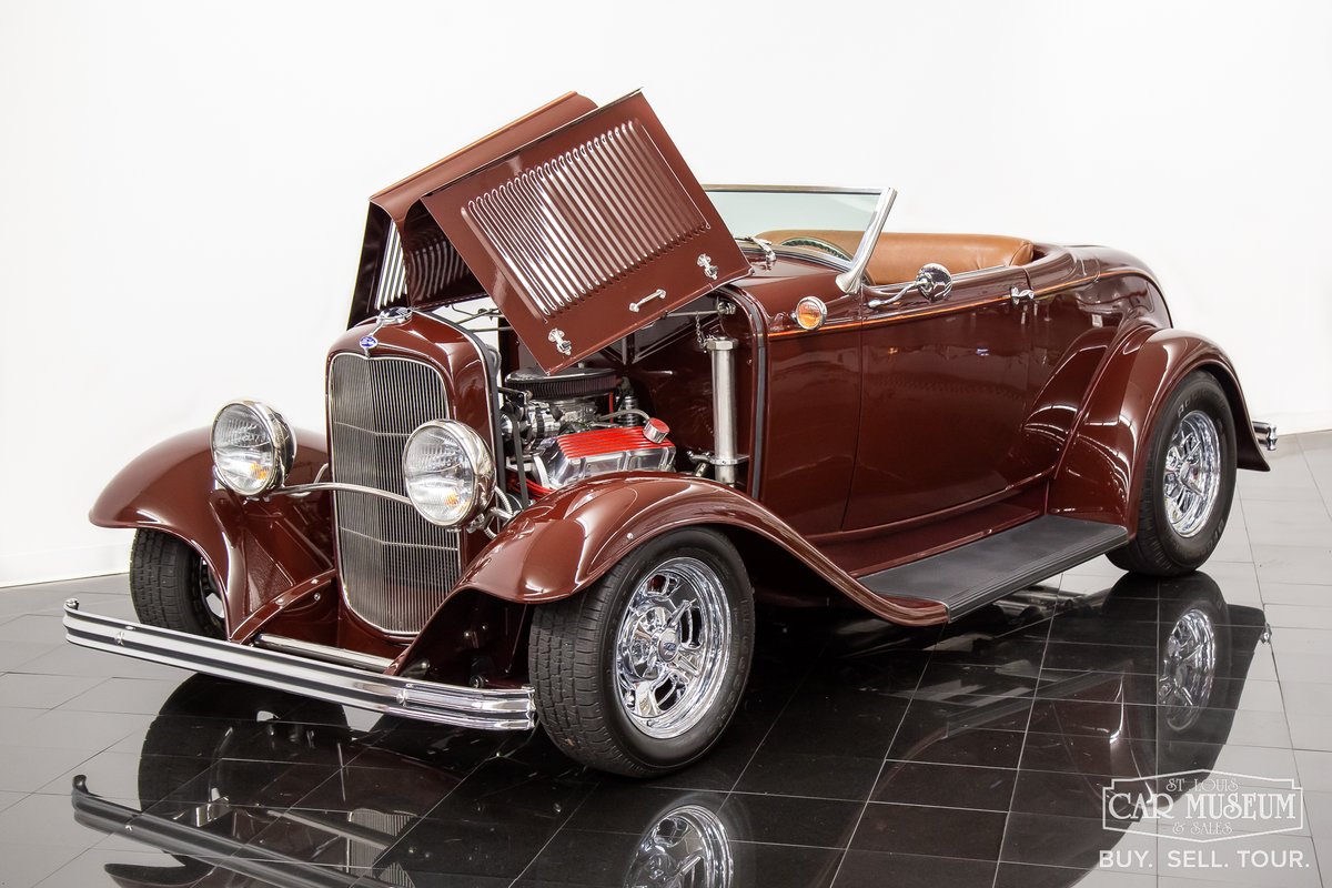 StlCarMuseum's tweet photo. Professionally built Downs 1932 #Ford Dearborn Deuce #Convertible with a gorgeous color combination of Burgundy over Brown textured leatherette and powered by a 302ci #V8, AOD 4-speed automatic transmission. Check this #customclassic out @ https://t.co/mbQPaZrs9Q #classiccars https://t.co/Loa1rHBS5t
