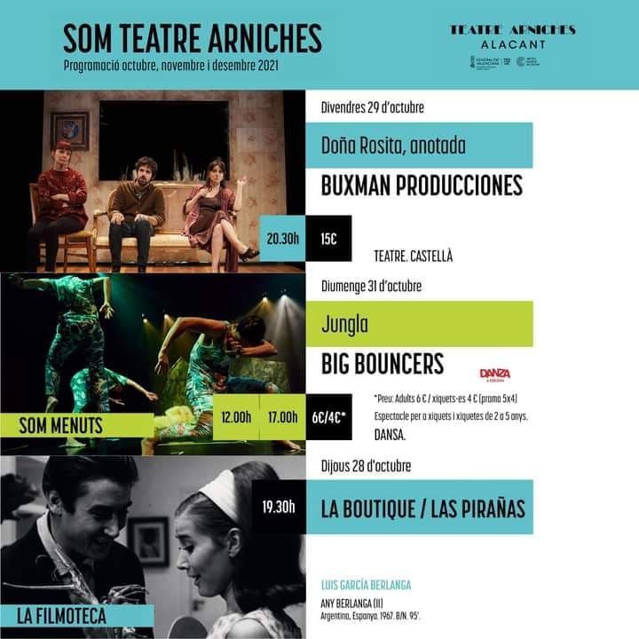Esta semana, triple cita con la cultura en el <a href="/teatrearniches/">Teatre Arniches</a>  : 

- Jueves: FILMOTECA- La Boutique y Las Piralas
- Viernes: TEATRO - Doña Rosita, anotada, de <a href="/buxmanpro/">Buxman Producciones</a>  
- Domingo: DANZA: - Jungla, de Big bouncers 

alicantelivemusic.com/esta-semana-en…